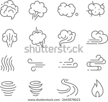 Thin line icon set of steam smoke and explosion cloud wind fire air. Pixel perfect icons, editable stroke.