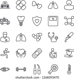 Thin Line Icon Set - stethoscope vector, dropper, heart diagnostic, scales, pills, ampoule, patch, ambulance car, barbell, run, shield, disabled, hand, lungs, implant, eye, broken bone, hospital