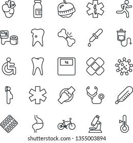 Thin Line Icon Set - stethoscope vector, blood pressure, dropper, thermometer, microscope, scales, pills blister, ampoule, patch, ambulance star, bike, run, disabled, stomach, real heart, tooth