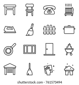 Thin line icon set : stool, chair, phone, radiator, iron, broom, fence, pan, window, door, bbq, garage, wiping, house cleaning