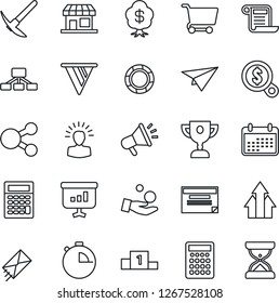 Thin Line Icon Set - stopwatch vector, arrow up graph, shining head, pennon, money search, investment, calendar, cart, calculator, paper plane, schedule, social media, hierarchy, crisis management