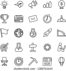 Thin Line Icon Set - stopwatch vector, target, arrow up graph, rocket, clock, earth, crisis, office chair, idea, calendar, flask, flag, paper plane, management, mail, advertising, pedestal