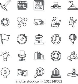 Thin Line Icon Set - stopwatch vector, target, motivation, clock, office chair, money search, idea, calendar, flag, cash, car, social media, hierarchy, crisis management, advertising, tree, building
