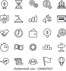 Thin Line Icon Set - stopwatch vector, consumer search, group, arrow up graph, gear, motivation, handshake, wallet, clock, money, flag, cash, paper plane, schedule, crisis management, advertising