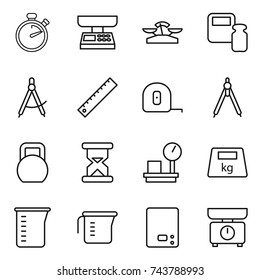 thin line icon set : stopwatch, market scales, weight, draw compass, ruler, measuring tape, drawing compasses, heavy, sand clock, warehouse, cup, kitchen