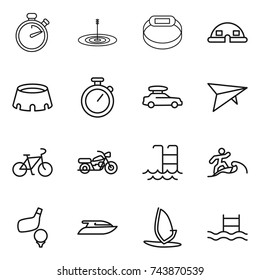 thin line icon set : stopwatch, target, smart bracelet, dome house, stadium, car baggage, deltaplane, bike, motorcycle, pool, surfer, golf, yacht, windsurfing