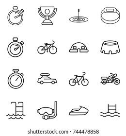 thin line icon set : stopwatch, trophy, target, smart bracelet, bike, dome house, stadium, car baggage, motorcycle, pool, diving mask, jet ski