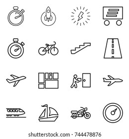 thin line icon set : stopwatch, rocket, lightning, delivery, bike, stairs, road, plane, consolidated cargo, courier, train, sail boat, motorcycle, barometer