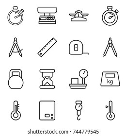 thin line icon set : stopwatch, market scales, draw compass, ruler, measuring tape, drawing compasses, heavy, sand clock, warehouse, thermometer, kitchen, handle