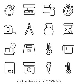 thin line icon set : stopwatch, market scales, weight, measuring tape, drawing compasses, heavy, sand clock, warehouse, thermometer, cup, kitchen, handle