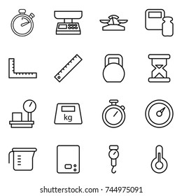 thin line icon set : stopwatch, market scales, weight, ruler, heavy, sand clock, warehouse, barometer, measuring cup, kitchen, handle, thermometer