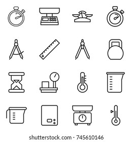 thin line icon set : stopwatch, market scales, draw compass, ruler, drawing compasses, heavy, sand clock, warehouse, thermometer, measuring cup, kitchen