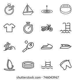 thin line icon set : stopwatch, boat, target, smart bracelet, t shirt, motorcycle, pool, surfer, tennis, jet ski, yacht, windsurfing, inflatable, horse