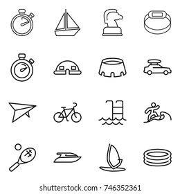 thin line icon set : stopwatch, boat, chess horse, smart bracelet, dome house, stadium, car baggage, deltaplane, bike, pool, surfer, tennis, yacht, windsurfing, inflatable