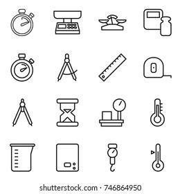 thin line icon set : stopwatch, market scales, weight, draw compass, ruler, measuring tape, drawing compasses, sand clock, warehouse, thermometer, cup, kitchen, handle