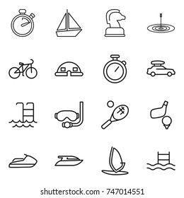 thin line icon set : stopwatch, boat, chess horse, target, bike, dome house, car baggage, pool, diving mask, tennis, golf, jet ski, yacht, windsurfing