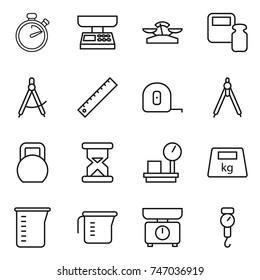 thin line icon set : stopwatch, market scales, weight, draw compass, ruler, measuring tape, drawing compasses, heavy, sand clock, warehouse, cup, kitchen, handle