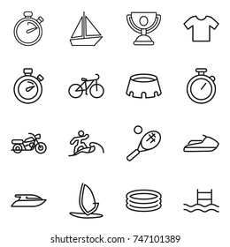 thin line icon set : stopwatch, boat, trophy, t shirt, bike, stadium, motorcycle, surfer, tennis, jet ski, yacht, windsurfing, inflatable pool