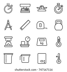 thin line icon set : stopwatch, market scales, draw compass, ruler, measuring tape, heavy, sand clock, warehouse, thermometer, cup, kitchen