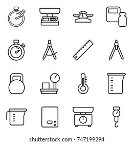 thin line icon set : stopwatch, market scales, weight, draw compass, ruler, drawing compasses, heavy, warehouse, thermometer, measuring cup, kitchen, handle