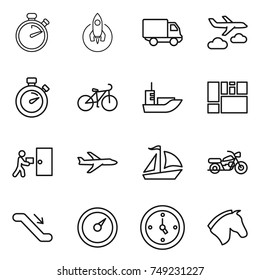 thin line icon set : stopwatch, rocket, delivery, journey, bike, sea shipping, consolidated cargo, courier, plane, sail boat, motorcycle, escalator, barometer, watch, horse
