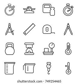 thin line icon set : stopwatch, scales, weight, draw compass, ruler, measuring tape, drawing compasses, heavy, sand clock, warehouse, thermometer, cup, handle