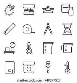 thin line icon set : stopwatch, market scales, weight, ruler, measuring tape, drawing compasses, sand clock, warehouse, thermometer, cup, kitchen, handle