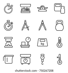 thin line icon set : stopwatch, market scales, weight, draw compass, drawing compasses, heavy, sand clock, warehouse, thermometer, measuring cup, kitchen, handle
