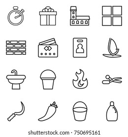 thin line icon set : stopwatch, gift, mansion, window, brick wall, credit card, identity, windsurfing, sink, bucket, fire, scissors, sickle, hot pepper, cleanser