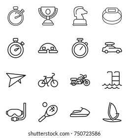 thin line icon set : stopwatch, trophy, chess horse, smart bracelet, dome house, car baggage, deltaplane, bike, motorcycle, pool, diving mask, tennis, jet ski, windsurfing