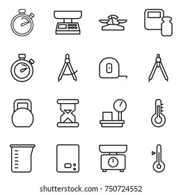 thin line icon set : stopwatch, market scales, weight, draw compass, measuring tape, drawing compasses, heavy, sand clock, warehouse, thermometer, cup, kitchen