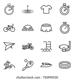 thin line icon set : stopwatch, target, t shirt, bike, dome house, stadium, deltaplane, motorcycle, pool, diving mask, surfer, tennis, yacht, inflatable