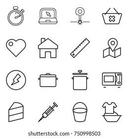 thin line icon set : stopwatch, notebook, laser, delete cart, heart, home, ruler, map, electricity, pan, microwave oven, cake, syringe, bucket, handle washing
