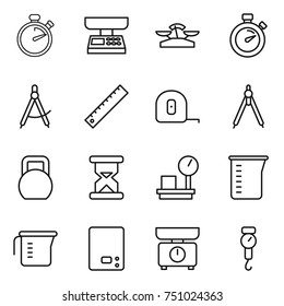 thin line icon set : stopwatch, market scales, draw compass, ruler, measuring tape, drawing compasses, heavy, sand clock, warehouse, cup, kitchen, handle