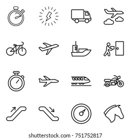 thin line icon set : stopwatch, lightning, delivery, journey, bike, plane, sea shipping, courier, train, motorcycle, escalator, barometer, horse