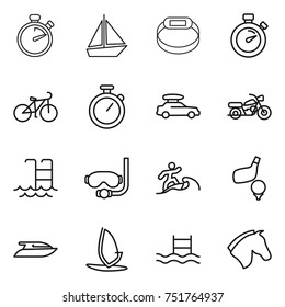 thin line icon set : stopwatch, boat, smart bracelet, bike, car baggage, motorcycle, pool, diving mask, surfer, golf, yacht, windsurfing, horse