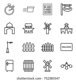 thin line icon set : stopwatch, delivery, abacus, shop signboard, minaret, japanese house, windmill, fort, outdoor light, fence, welcome mat, fridge, barrel, hard reach place cleaning