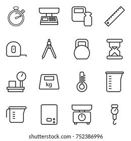 thin line icon set : stopwatch, market scales, weight, ruler, measuring tape, drawing compasses, heavy, sand clock, warehouse, thermometer, cup, kitchen, handle thin line icon set : stopwatch, market scales, weight, ruler, measuring tape, drawing compasses, heavy, sand clock, warehouse, thermometer, cup, kitchen, handle