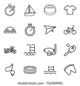 thin line icon set : stopwatch, boat, smart bracelet, t shirt, dome house, deltaplane, bike, motorcycle, pool, diving mask, tennis, golf, inflatable, horse