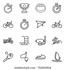 thin line icon set : stopwatch, trophy, smart bracelet, bike, deltaplane, motorcycle, pool, diving mask, surfer, tennis, golf, jet ski, windsurfing
