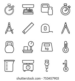 thin line icon set : stopwatch, market scales, weight, draw compass, ruler, measuring tape, drawing compasses, heavy, warehouse, thermometer, cup, kitchen, handle