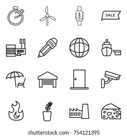 thin line icon set : stopwatch, windmill, smart watch, sale, mall, pencil, globe, port, lounger, garage, door, surveillance camera, fire, seedling, factory, cheese