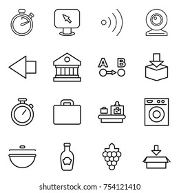 thin line icon set : stopwatch, monitor arrow, wireless, web cam, left, library, route a to b, package, suitcase, baggage checking, washing machine, cauldron, ketchup, grape