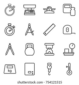 thin line icon set : stopwatch, market scales, weight, draw compass, ruler, measuring tape, drawing compasses, heavy, sand clock, warehouse, kitchen, handle, thermometer