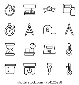 thin line icon set : stopwatch, market scales, weight, draw compass, measuring tape, drawing compasses, sand clock, warehouse, heavy, thermometer, cup, kitchen, handle