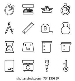 thin line icon set : stopwatch, market scales, draw compass, ruler, measuring tape, heavy, sand clock, cup, kitchen, handle, thermometer