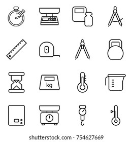 thin line icon set : stopwatch, market scales, weight, draw compass, ruler, measuring tape, drawing compasses, heavy, sand clock, thermometer, cup, kitchen, handle