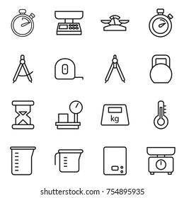 thin line icon set : stopwatch, market scales, draw compass, measuring tape, drawing compasses, heavy, sand clock, warehouse, thermometer, cup, kitchen