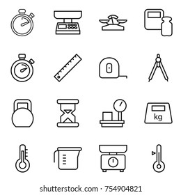 thin line icon set : stopwatch, market scales, weight, ruler, measuring tape, drawing compasses, heavy, sand clock, warehouse, thermometer, cup, kitchen