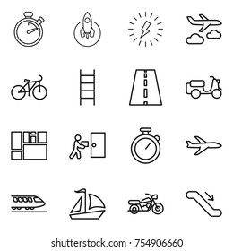 thin line icon set : stopwatch, rocket, lightning, journey, bike, stairs, road, scooter shipping, consolidated cargo, courier delivery, plane, train, sail boat, motorcycle, escalator